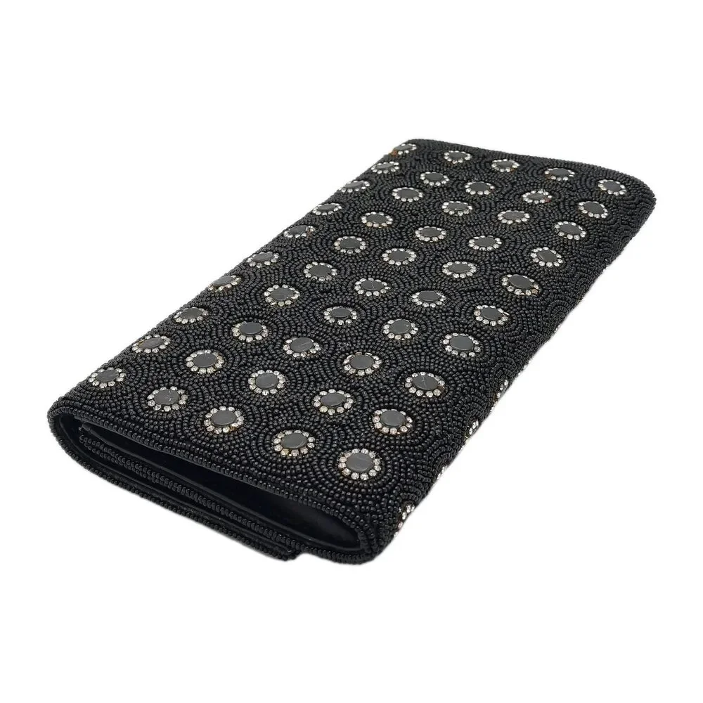 Deepa Gurnani Pattern Handmade Bead/Crystal Evening Bag Clutch Black NEW FLAWS